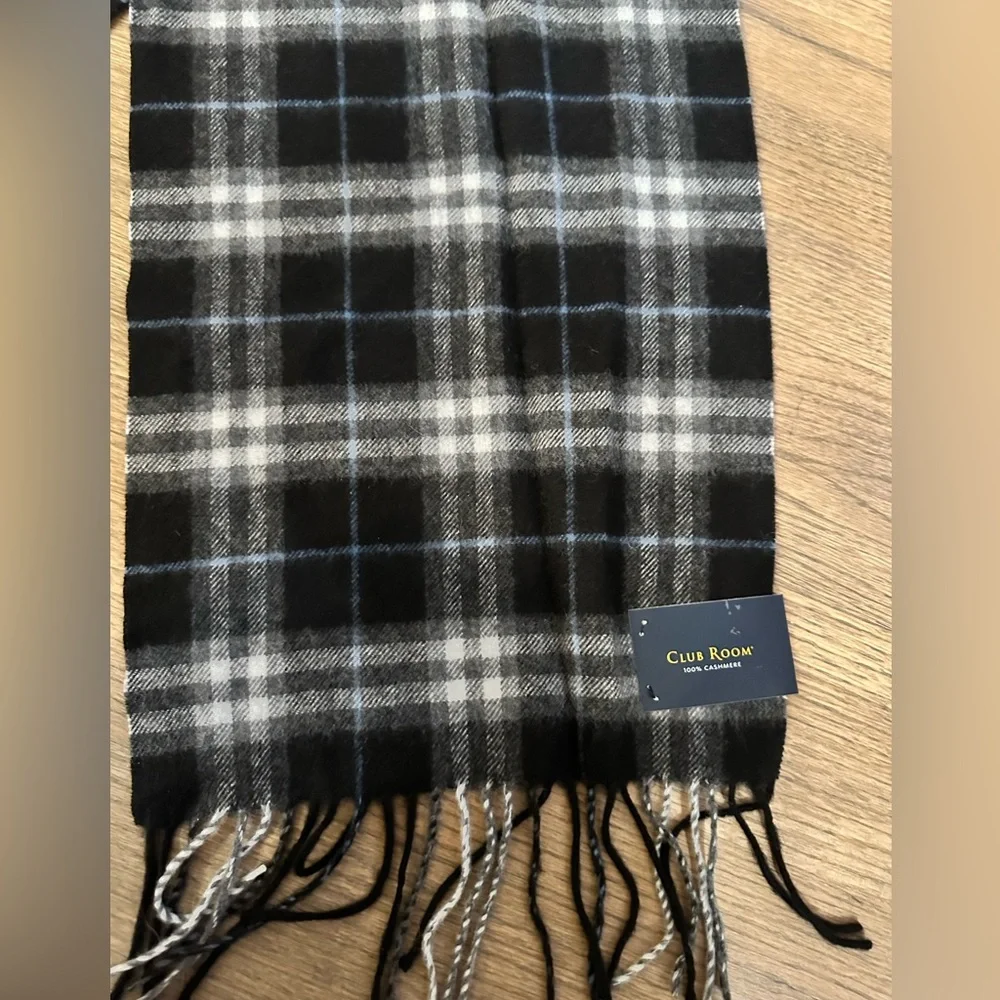 NEW Club Room 100% Cashmere Plaid Scarf-Black/White/Light Blue